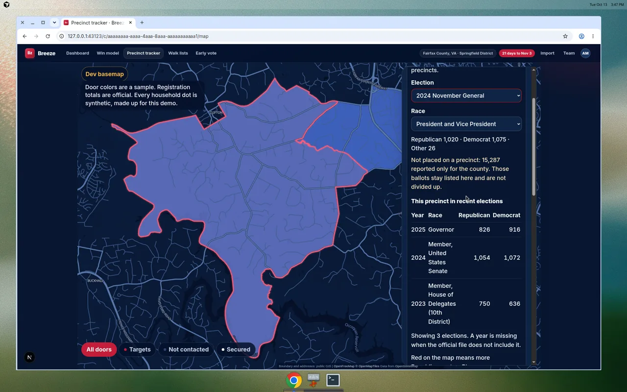 Sample map of Springfield District precincts in Fairfax County. Each precinct is shaded red or blue by the 2024 presidential result. A panel lists Republican and Democratic vote totals. Household dots on the map are made up.