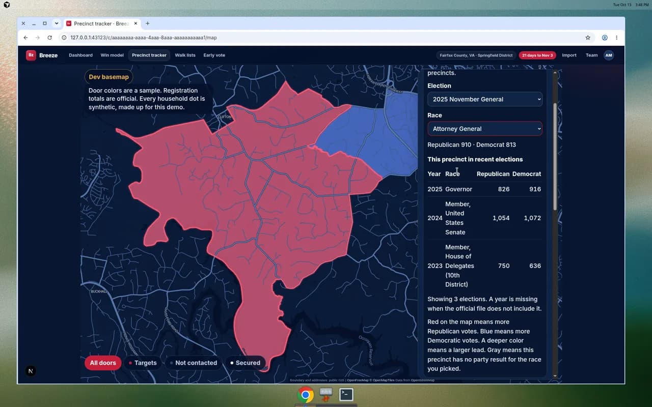 Sample map for the 2025 Attorney General race in the Springfield District. A selected precinct shows its vote totals and how that precinct voted in recent elections. Household dots on the map are made up.